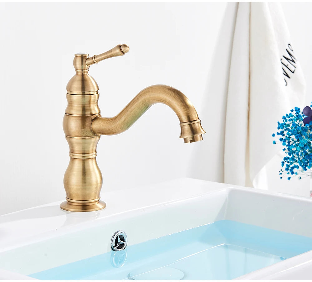 POIQIHY Antique Brass Basin Vessel Sink Faucet Deck Mounted One Hole Cold Hot Water Cold Hot Mixer Tap Bathroom Faucet 1 Hole