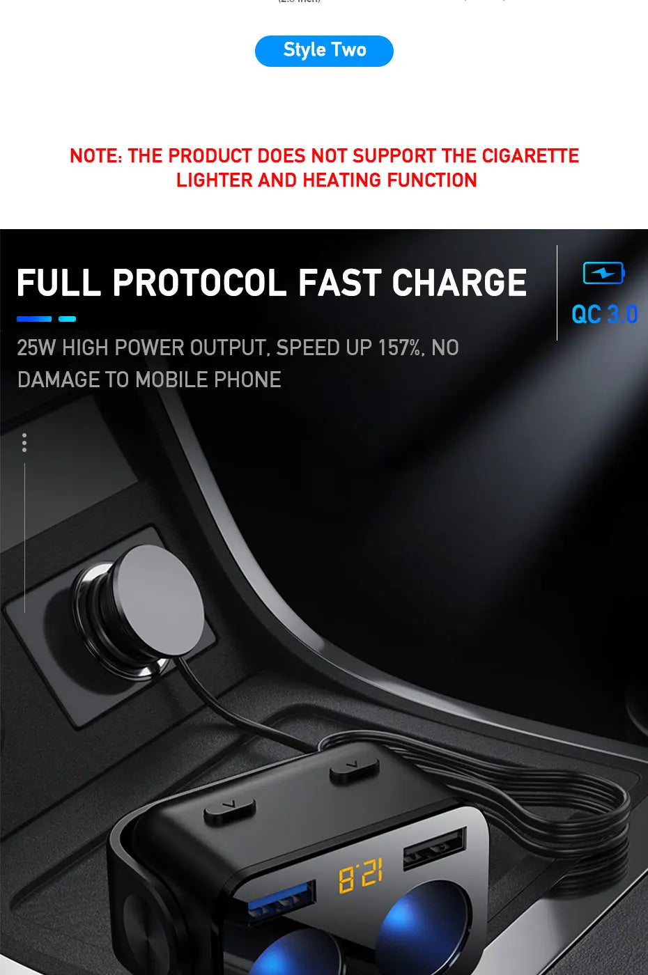 BLALION Car Cigar Jack Socket Adapter Auto Cigarette Lighter QC3.0 Fast Charger Dual USB Multi-function Socket Splitter 12V 66W
