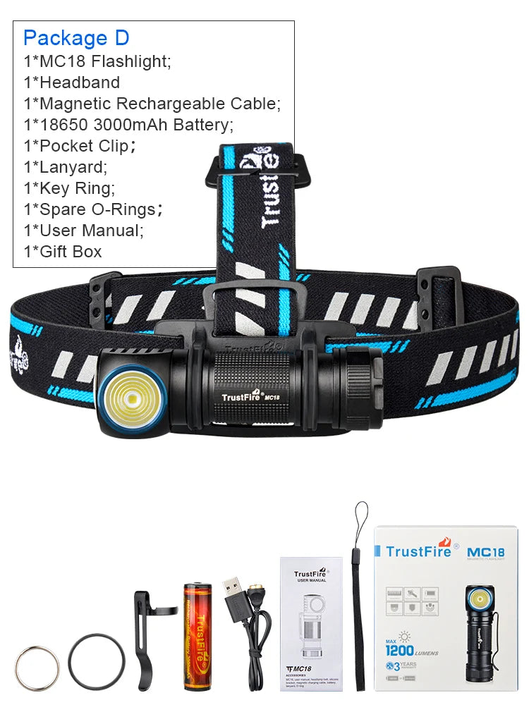Trustfire Mc18 Headlamp Led Xp-Lhi 18650 Magnetic 2a Usb Rechargeable Head Lamp 1200lm Flashlight Headlight Magnet Tail Cap
