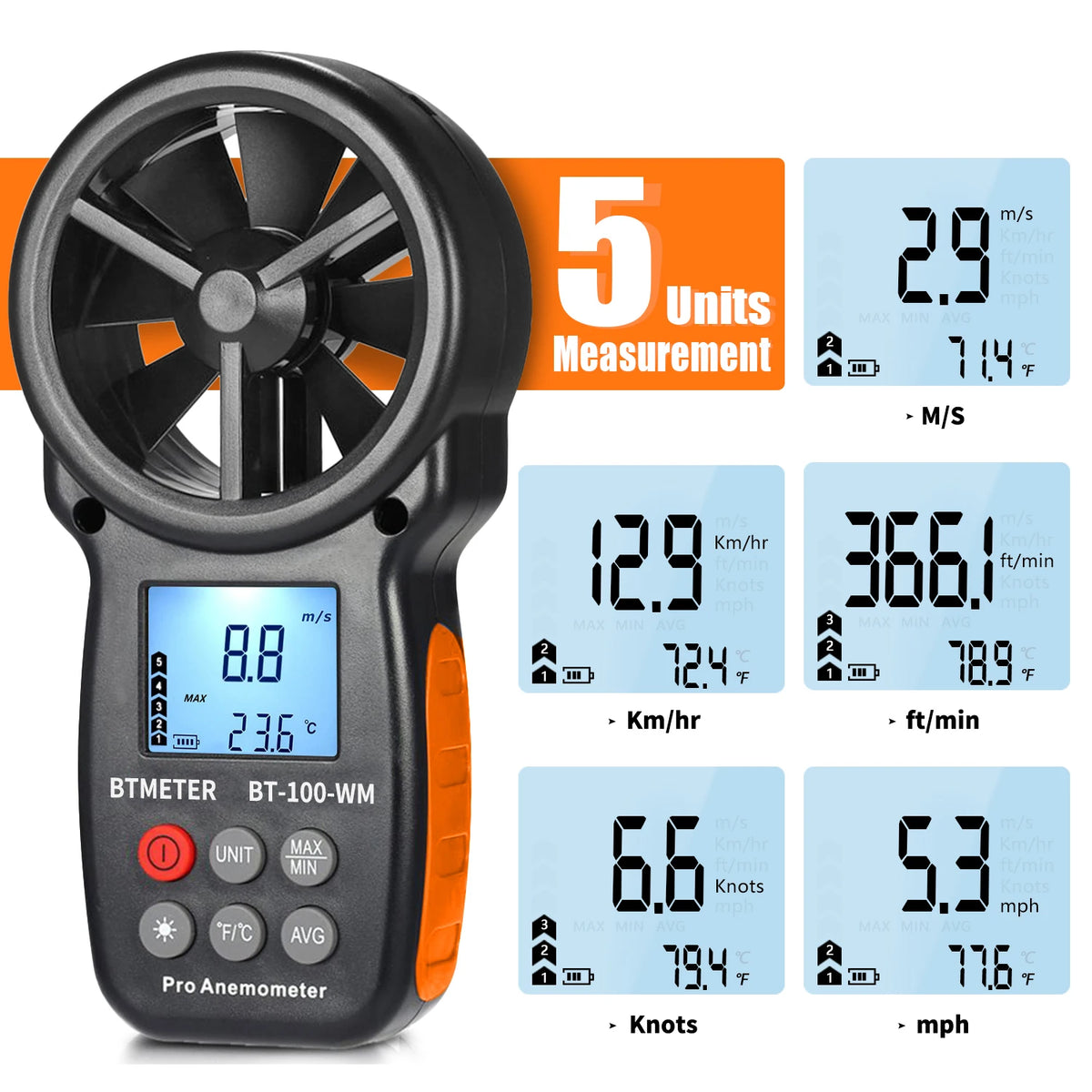 Anemómetro e barómetro digital portátil BTMETER BT-100-WM, com funções de medição da temperatura e da humidade, 0.3-30 M/s