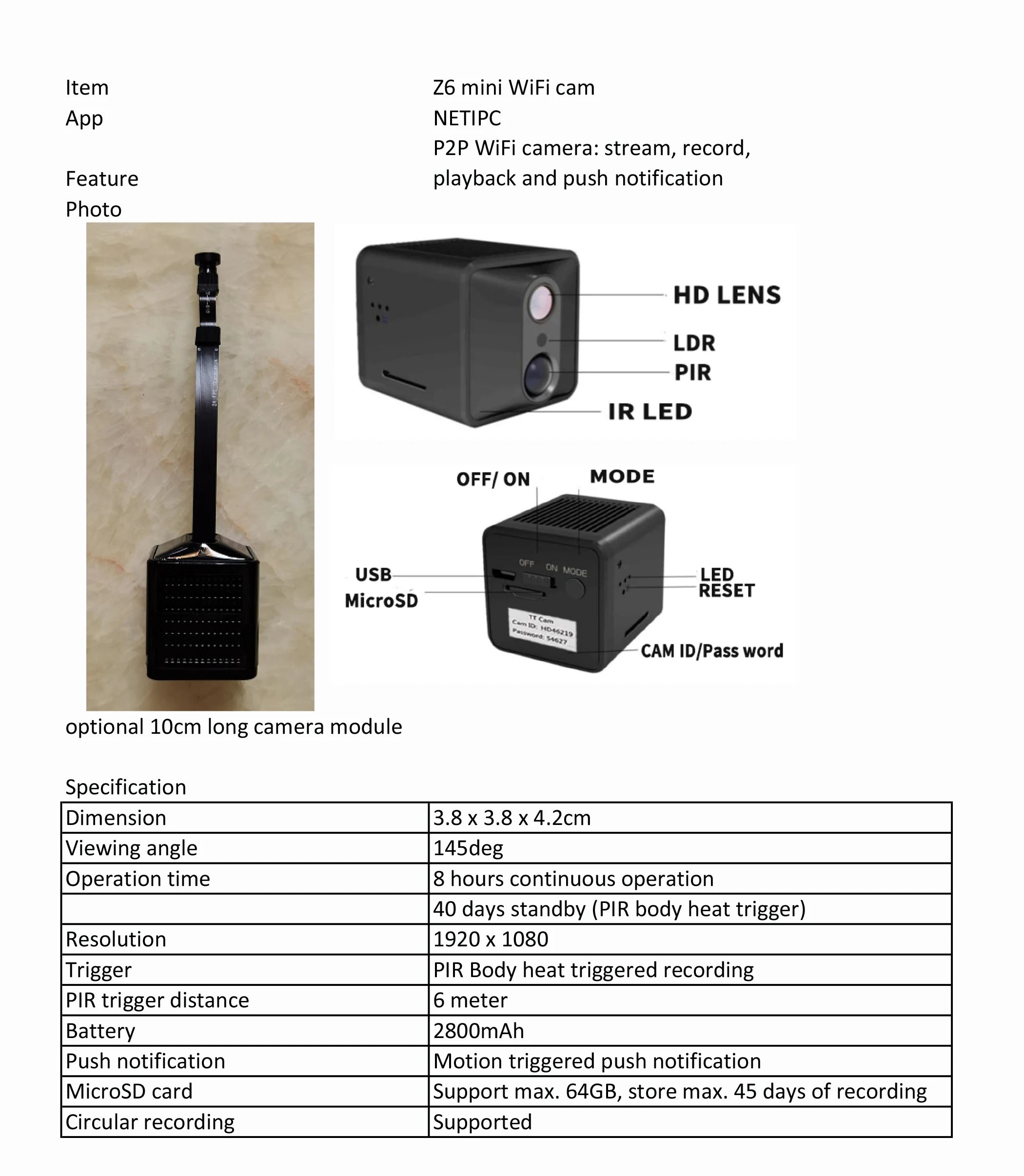 HD1080P IPCamera P2P Wireless WiFi Video Recorder Camcorder PIR Thermal Trigger 8Hours Battery Buttons 15cm Long Safety Security