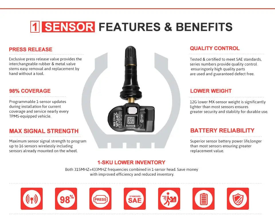 Autel MX TPMS-sensor 2-i-1 315MHz & 433MHz klonbar