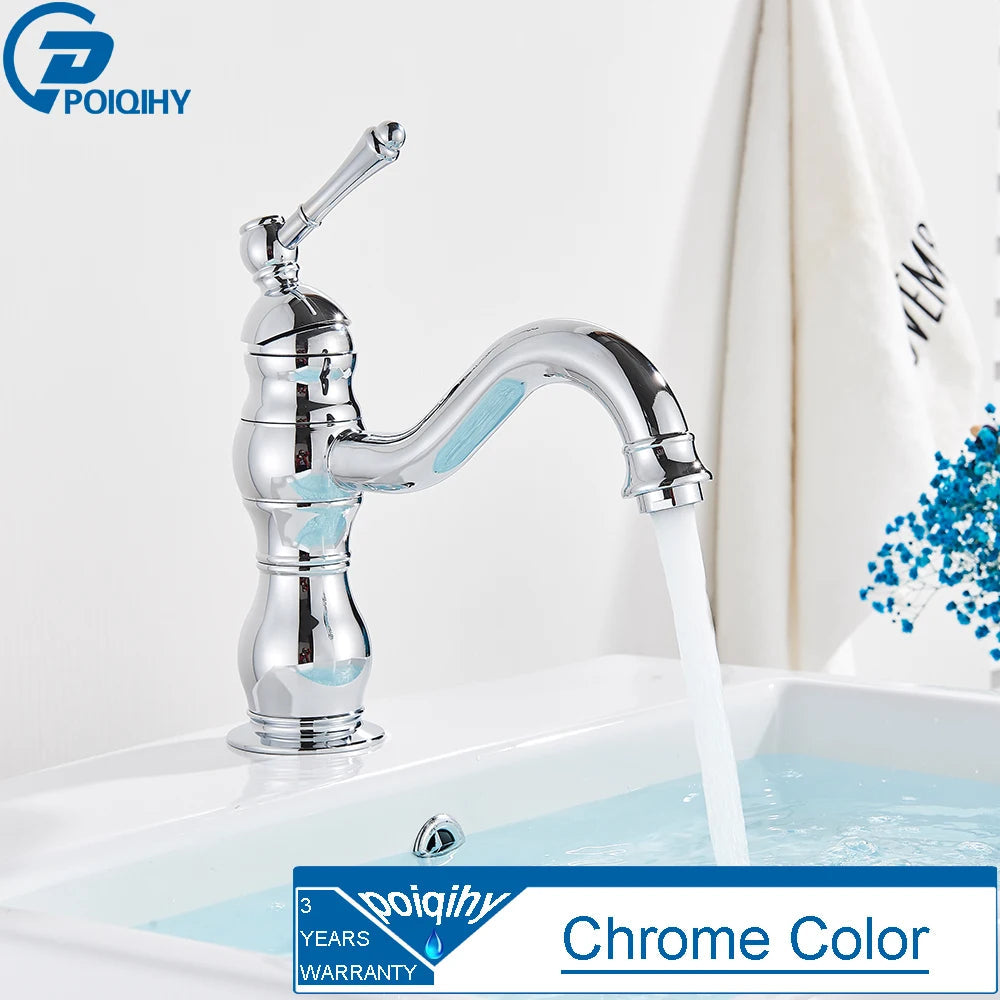 POIQIHY Antique Brass Basin Vessel Sink Faucet Deck Mounted One Hole Cold Hot Water Cold Hot Mixer Tap Bathroom Faucet 1 Hole