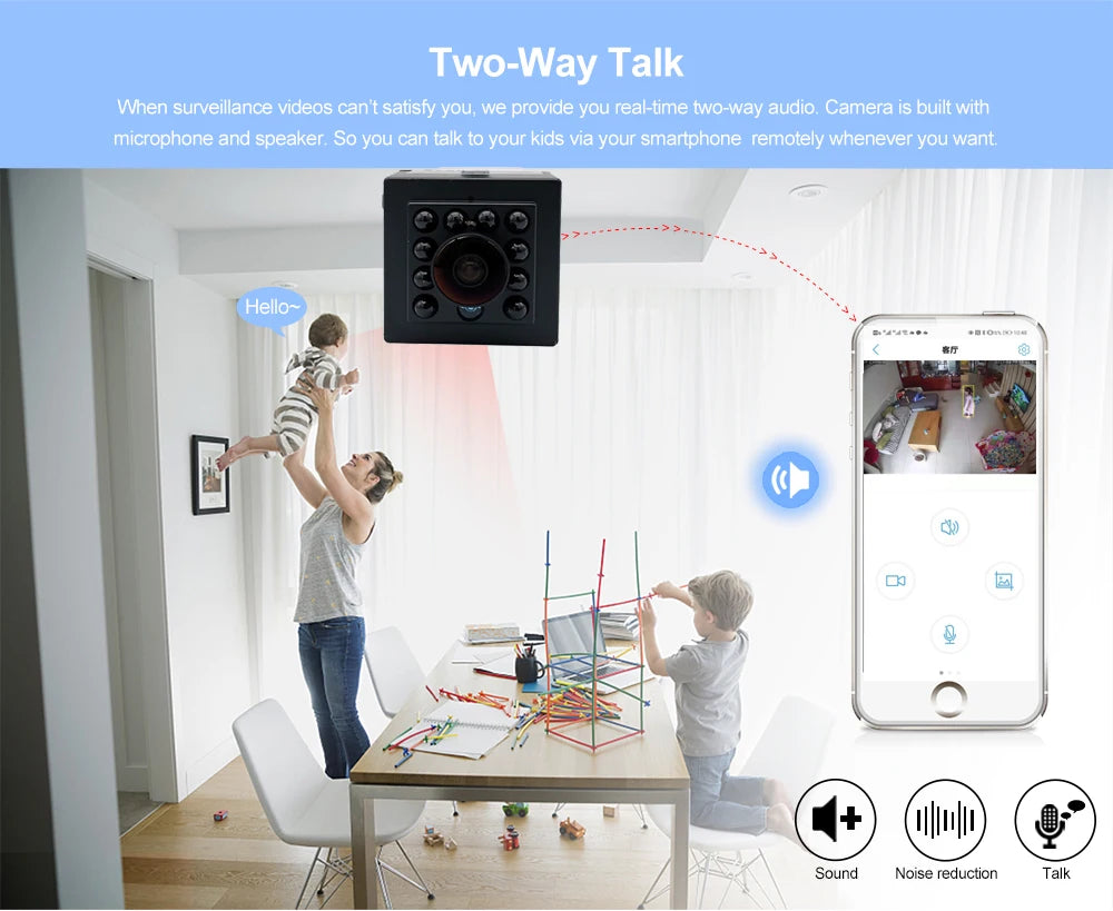 Mini IR IP Camera with TF Card Slot, 940nm Night Vision, Two-Way Audio
