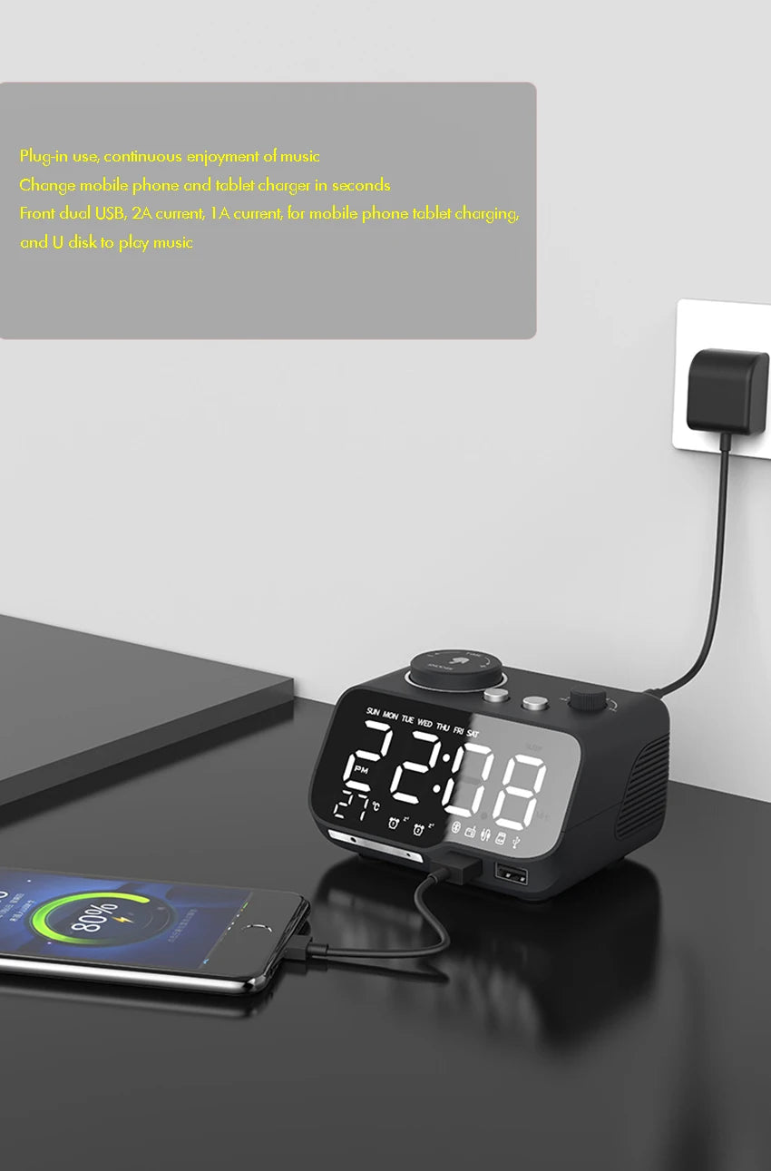 LED Alarm Clock Bluetooth Speaker with FM Radio & USB Charging