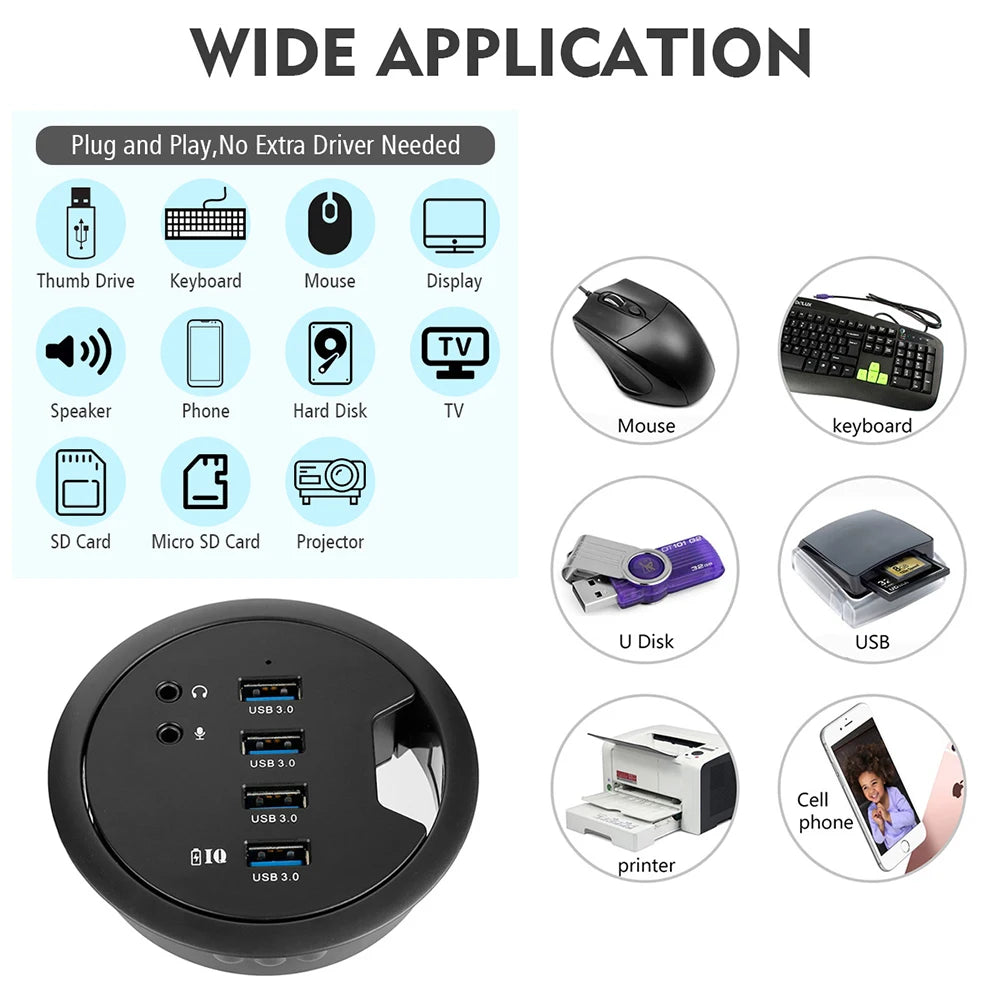 Rozbočovač USB 3.0 zabudovaný v stole s audio portmi a napájacím adaptérom