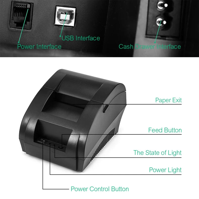 Impresora térmica de recibos de 58 mm y opciones de papel
