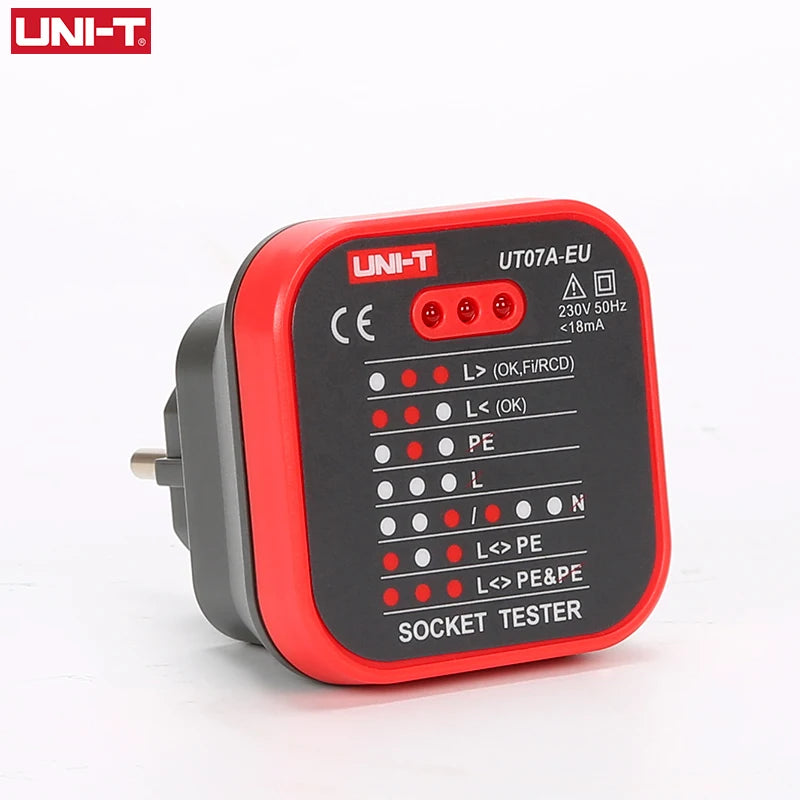UNI-T UT07 Socket Testers Detector EU Plug Ground Neutral Fire Plug Polarity Phase Check Wiring Detection RCD Leakage Test