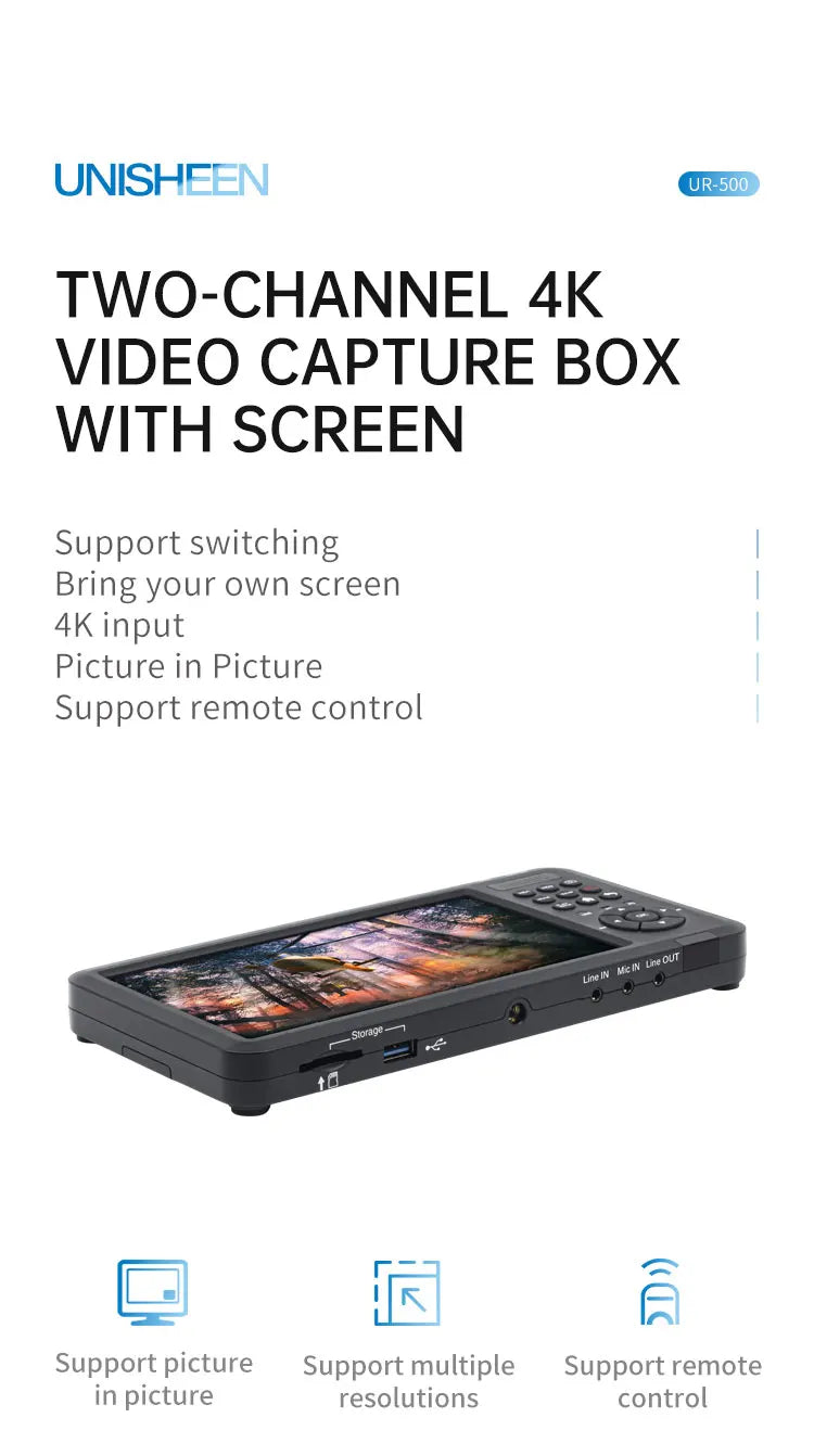 UNISHEEN HD Video Capture Box 2 Channel HDMI Picture-in-Picture Video Recorder with Screen MP4 Support SD Card U Disk Storage 10