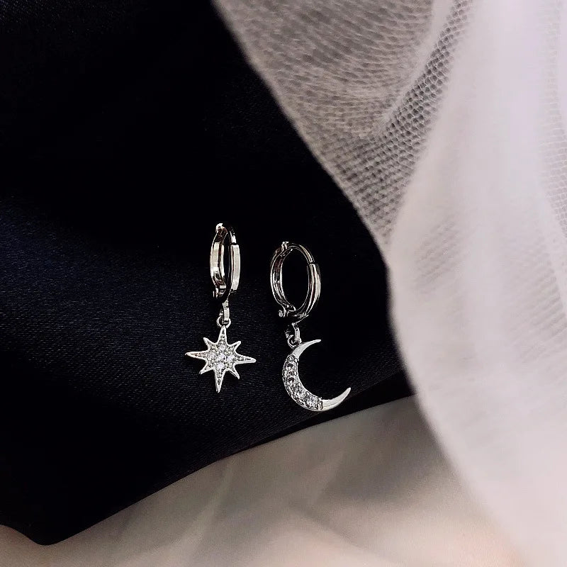 925 Sterling Silver CZ Star Moon Asymmetric Hoop Earrings