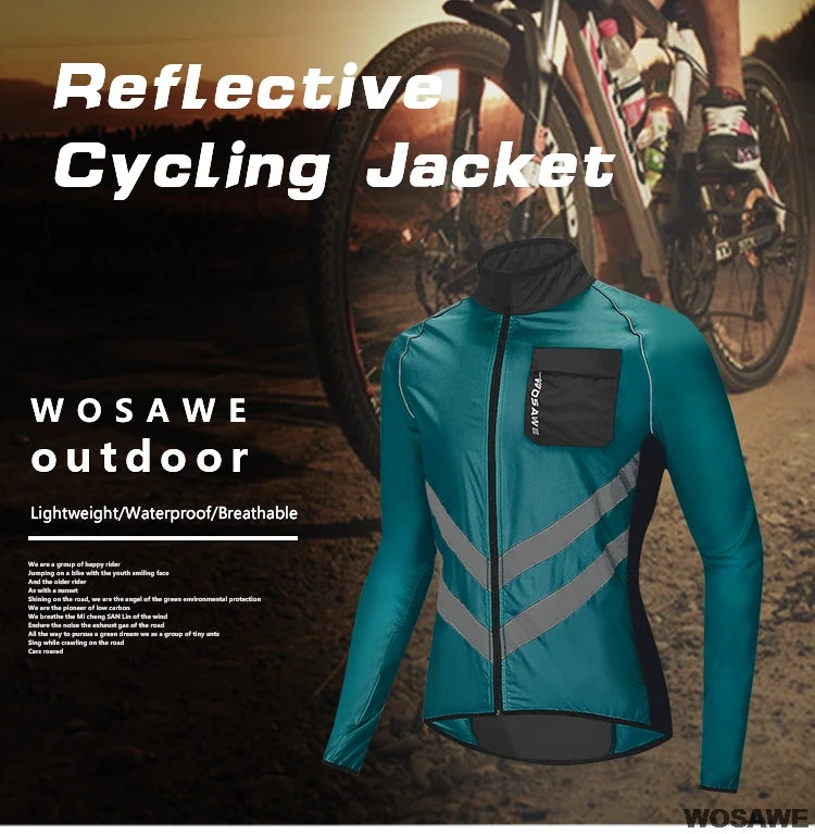 WOSAWE Windproof Cycling Jacket MTB Bike Jersey Outdoor Sport Cycling Windbreaker Rainproof Reflective Bike Clothing Navy Blue