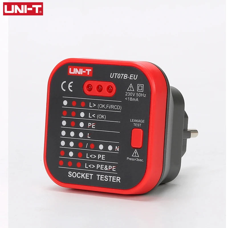 UNI-T UT07 Socket Testers Detector EU Plug Ground Neutral Fire Plug Polarity Phase Check Wiring Detection RCD Leakage Test