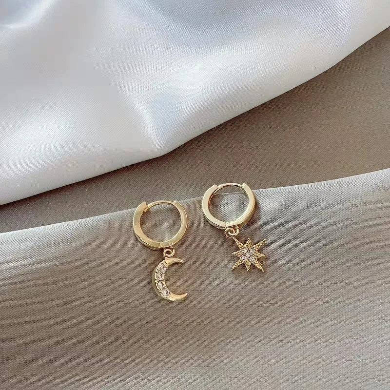 925 Sterling Silver CZ Star Moon Asymmetric Hoop Earrings