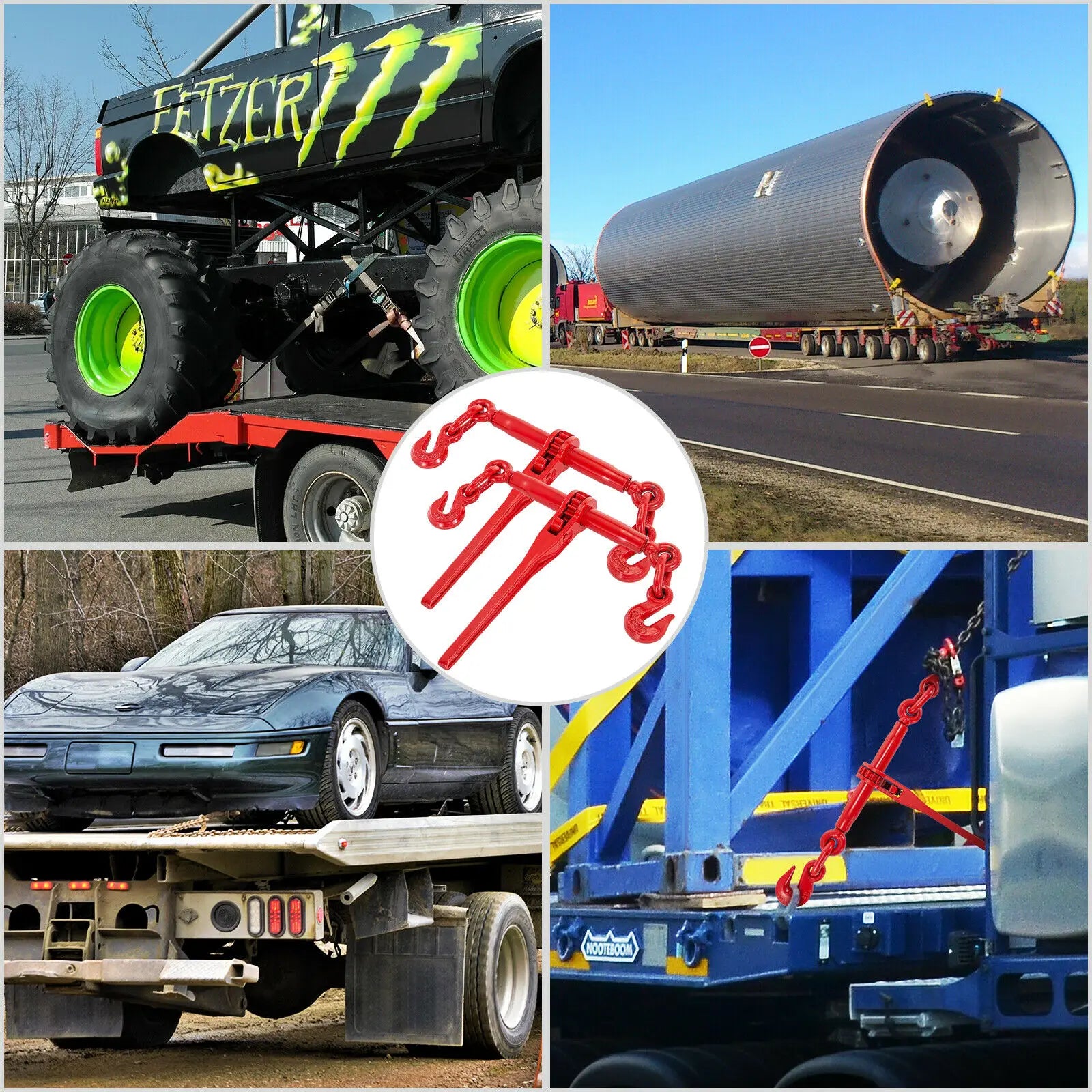 SucceBuy kædebindekit med ratchet-binder til lænsbindere 5/16-3/8 tomme med kæde, 6600 lbs kapacitet, justerbar længde til sikkert bugsering og mære.