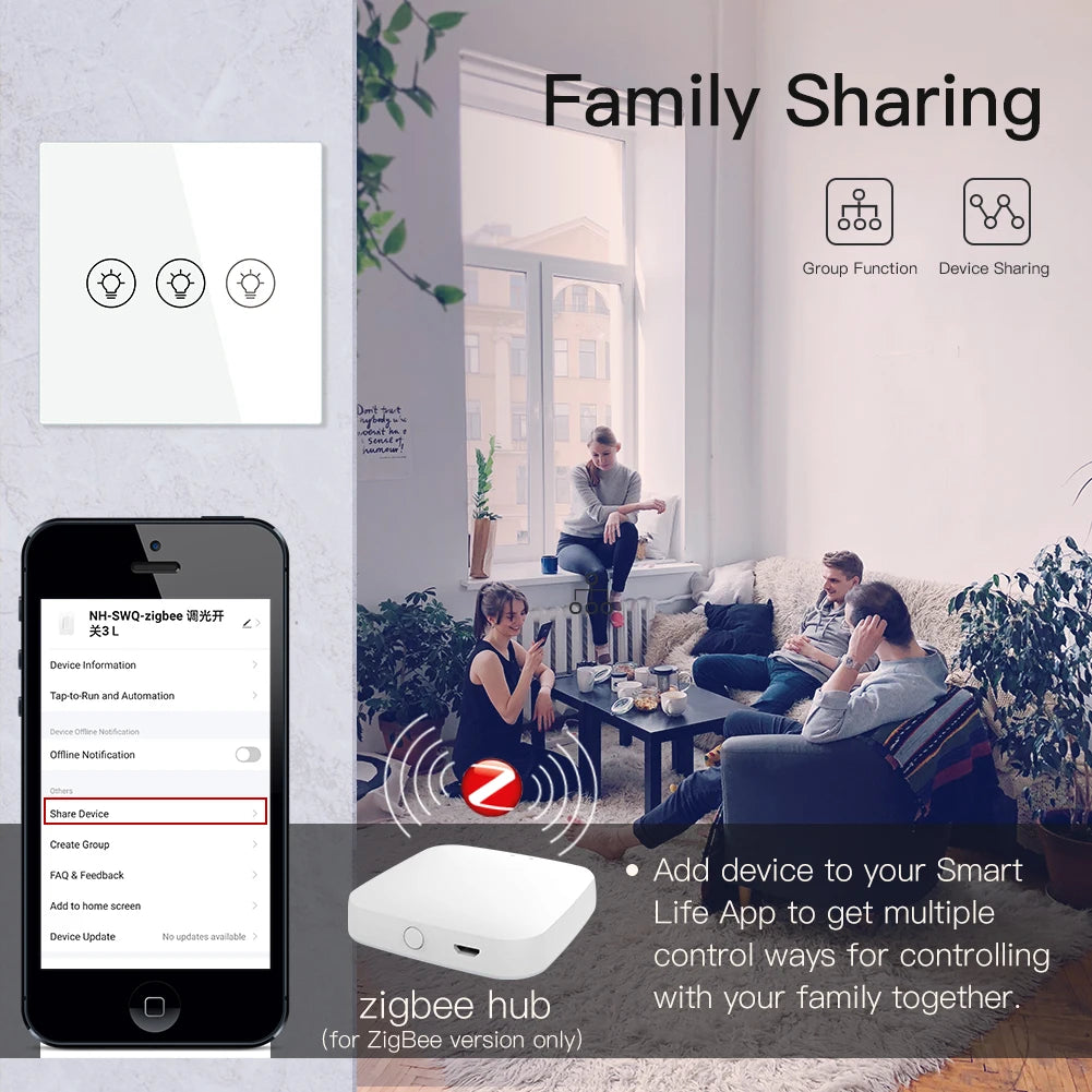 MOES Smart Dimmer Switch ZigBee Tuya, 1/2/3 Gang Control, Alexa Google Home Compatible, APP Remote Dimming
