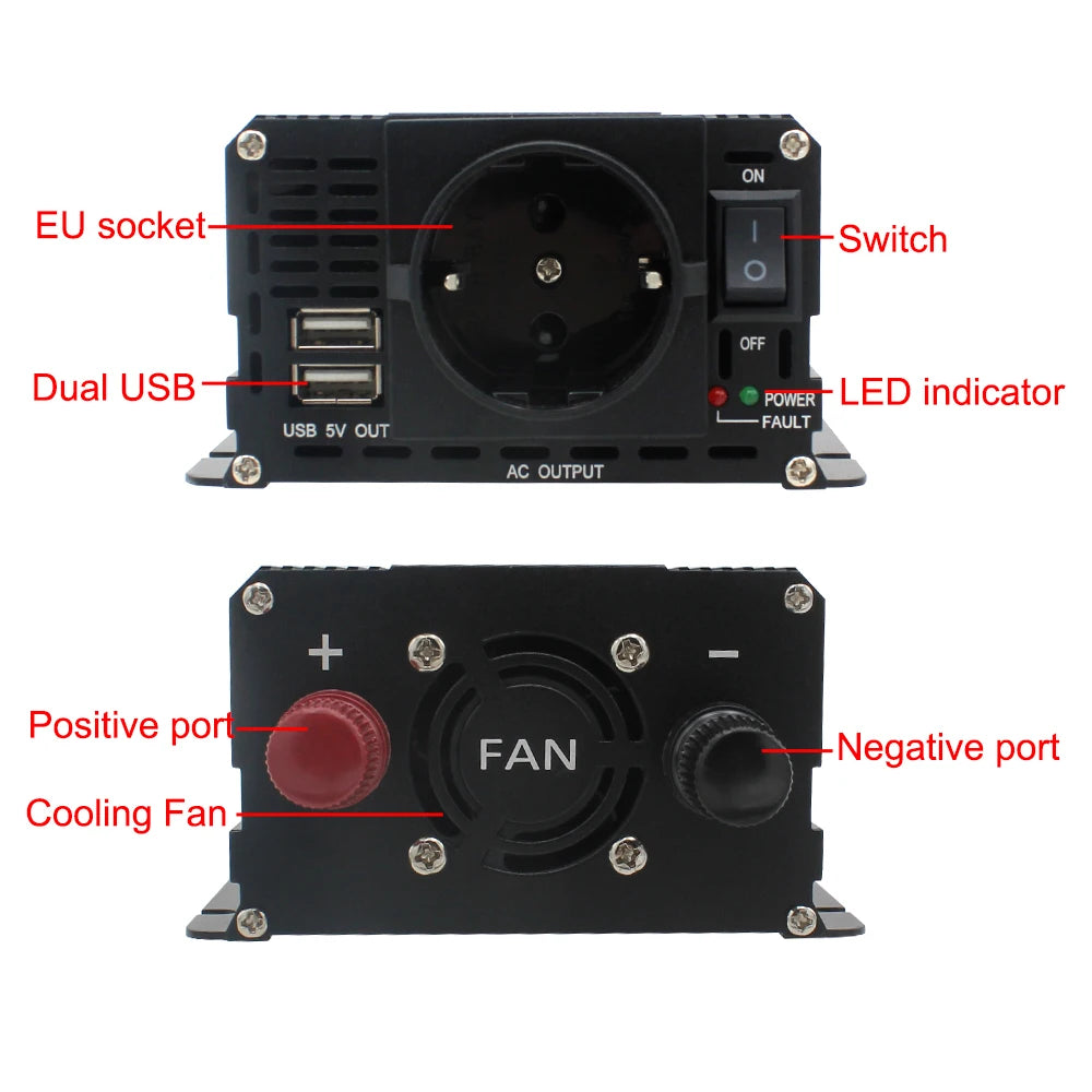 Мощен инвертор 1500W/2000W/2600W/3000W с LCD дисплей DC 12V към AC 220V, соларен, с 2 USB порта, автомобилен трансформатор, конвертор, EU щепсел, модифицирана синусоида 50Hz