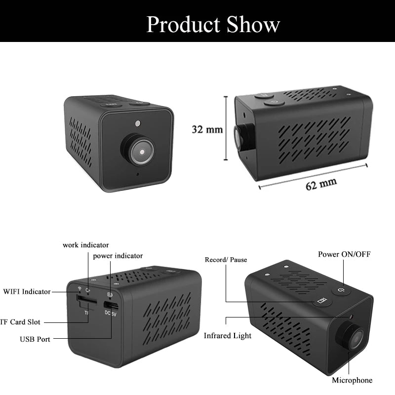 Mini WiFi-batteri IP-kamera 1080P bevægelsesdetektering indendørs sikkerhedskamera