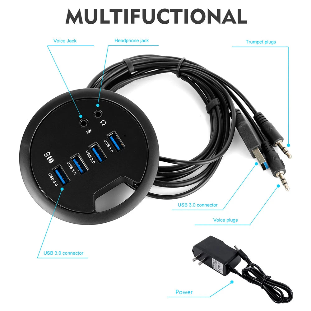 Rozbočovač USB 3.0 zabudovaný v stole s audio portmi a napájacím adaptérom