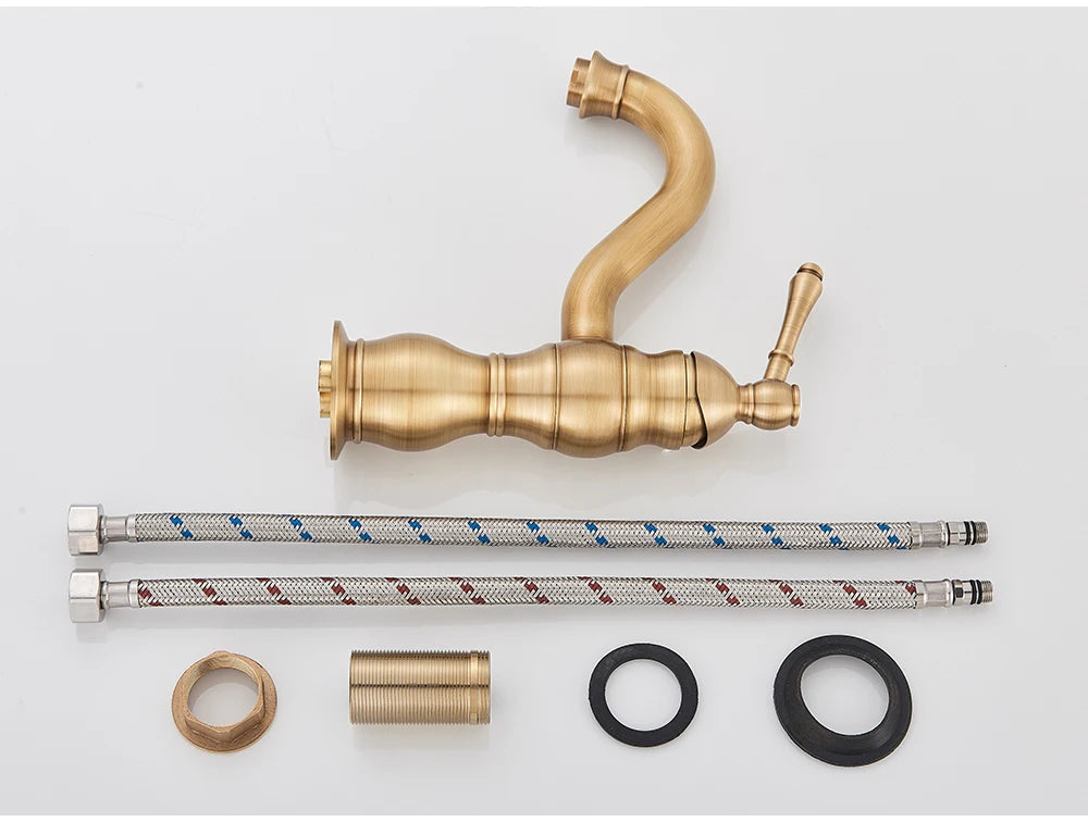 POIQIHY Antique Brass Basin Vessel Sink Faucet Deck Mounted One Hole Cold Hot Water Cold Hot Mixer Tap Bathroom Faucet 1 Hole