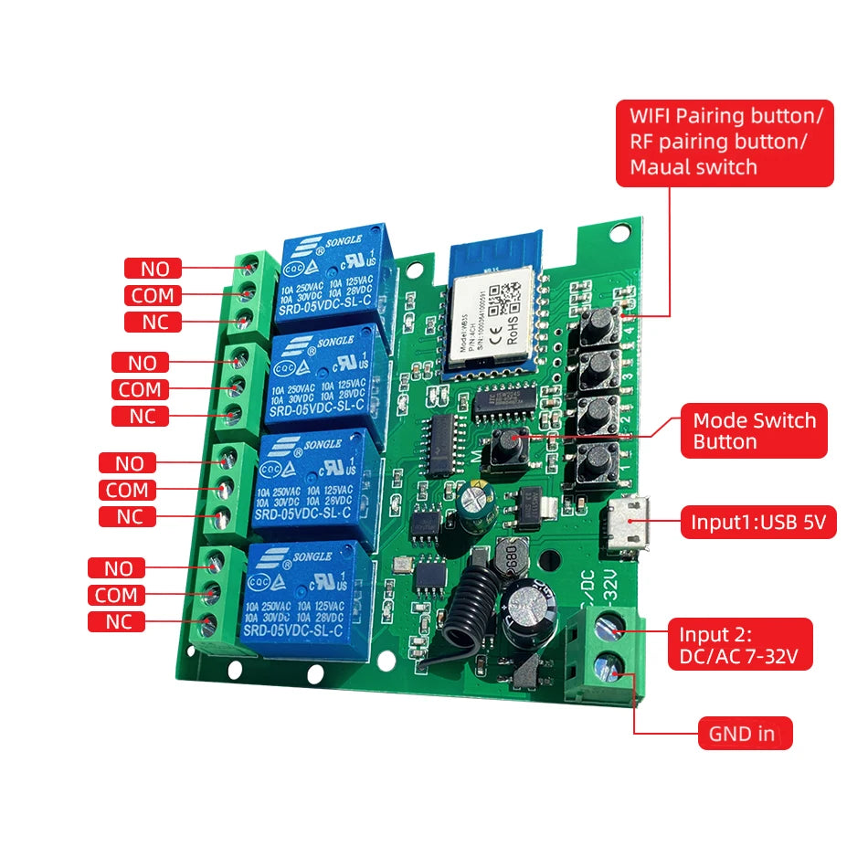 4CH Wifi Smart Home Motor Controller,DC 12V 24V 32V 220V RF433 Remote,4 Channel Relay Switch for Alice Alexa,Tuya Smart Life