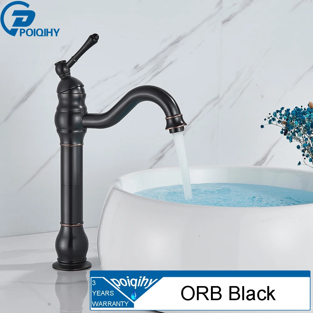 POIQIHY Antique Brass Basin Vessel Sink Faucet Deck Mounted One Hole Cold Hot Water Cold Hot Mixer Tap Bathroom Faucet 1 Hole