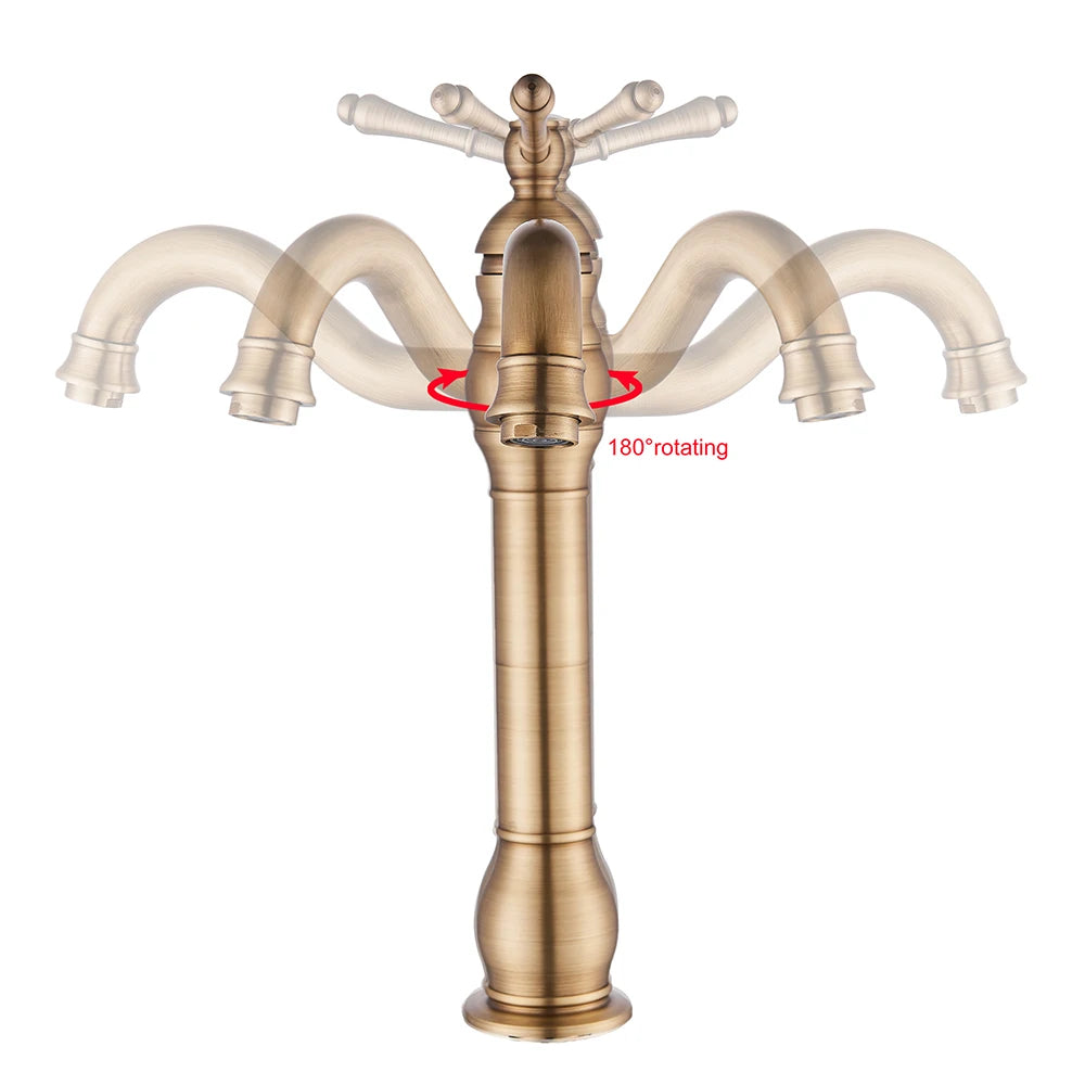 POIQIHY Antique Brass Basin Vessel Sink Faucet Deck Mounted One Hole Cold Hot Water Cold Hot Mixer Tap Bathroom Faucet 1 Hole