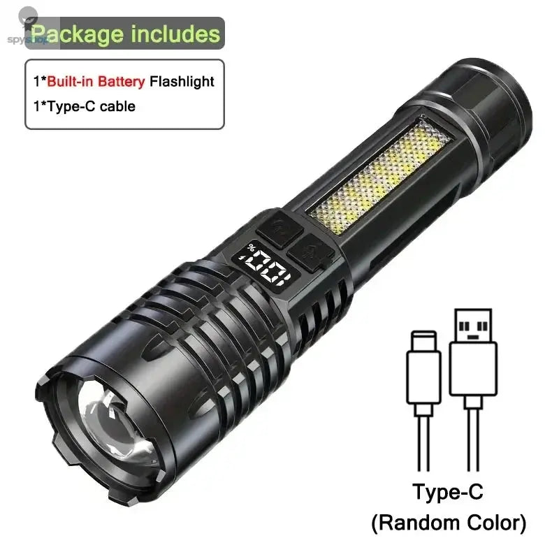 Heinast High Power LED Flashlight Powerful TYPE-C Rechargeable COB Flashlight With Side Light Torch For Outdoor Camping Hiking Spy-shop.com