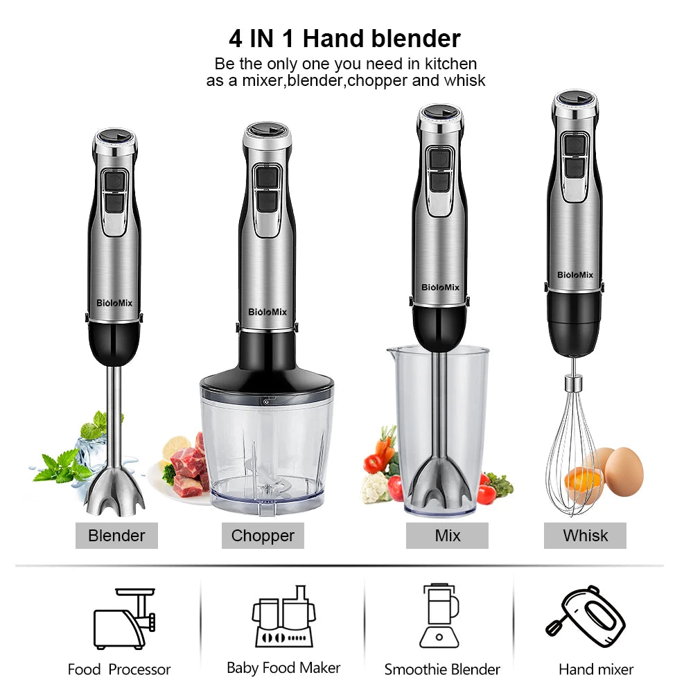 4-in-1 1200W Immersion Hand Blender with Chopper, Whisk and Cup