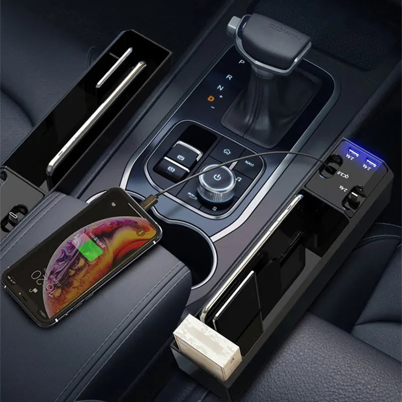 SEAMETAL Car Seat Gap Storage Box with Charge Cable Multifunctional Car Organizer Dual USB Port Phone Charger for iPhone/Android