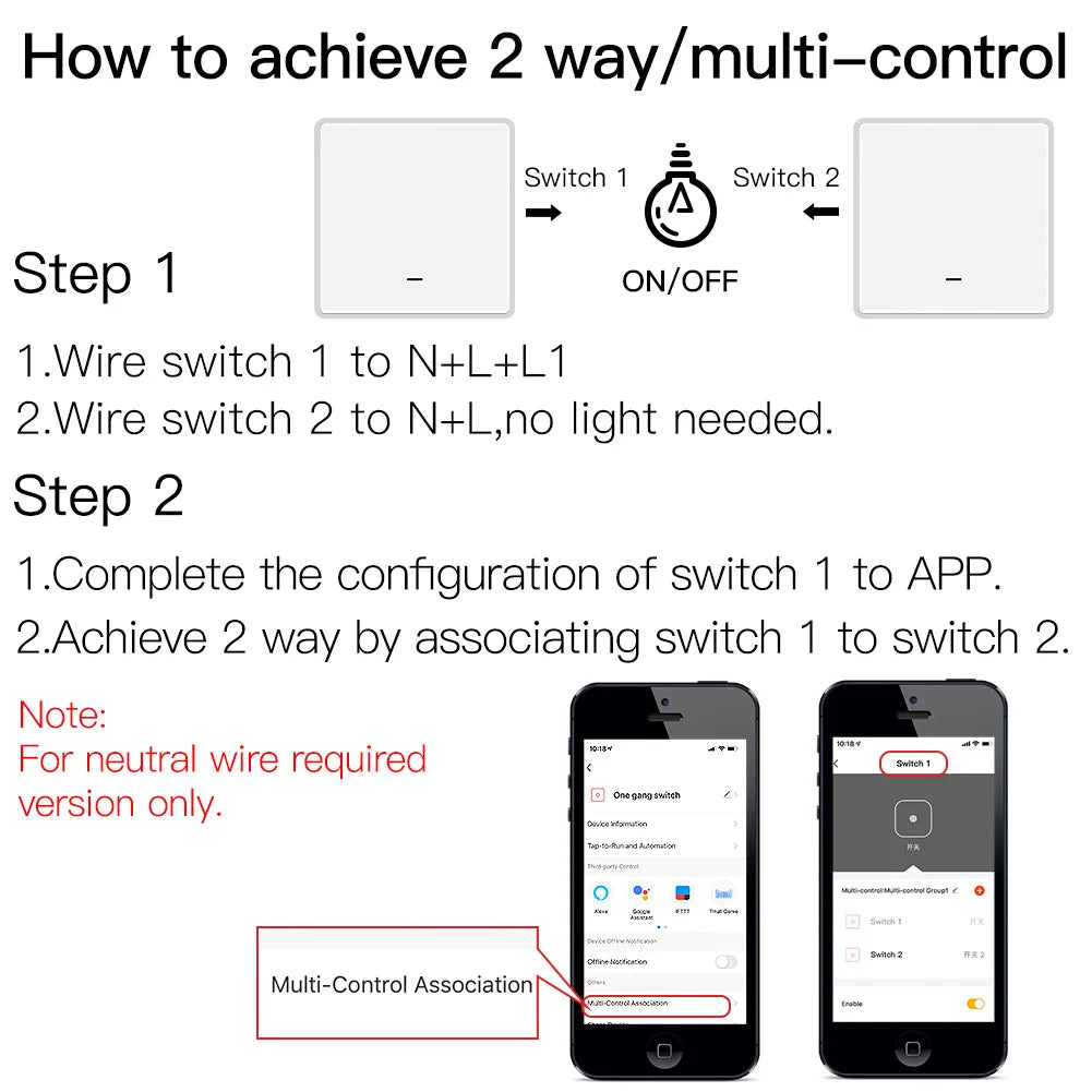 MOES Tuya ZigBee Smart Light Switch No Neutral Wire No Capacitor Needed Smart Life 2/3 Way Works with Alexa Google Home 2mqtt