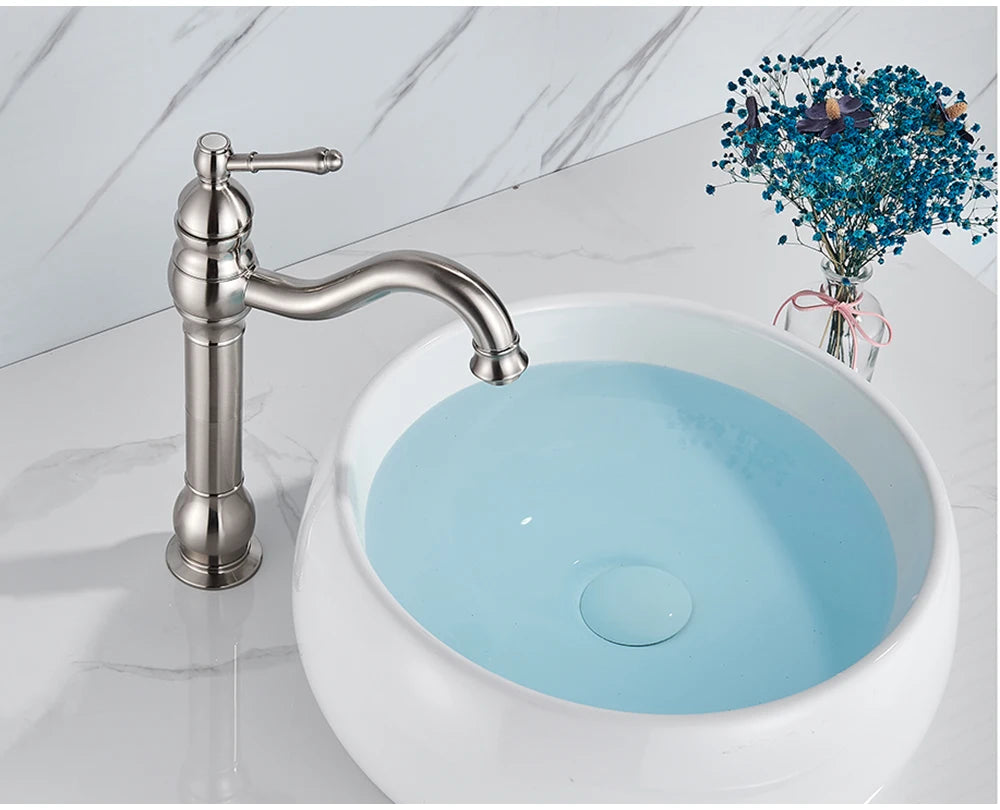 POIQIHY Antique Brass Basin Vessel Sink Faucet Deck Mounted One Hole Cold Hot Water Cold Hot Mixer Tap Bathroom Faucet 1 Hole