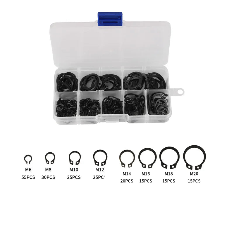 200 peças, anilhas em C M6 M8 M10 M12 M14 M16 M18 M20, anéis de retenção internos e externos, anéis elásticos de aço-carbono, kit de anéis de retenção