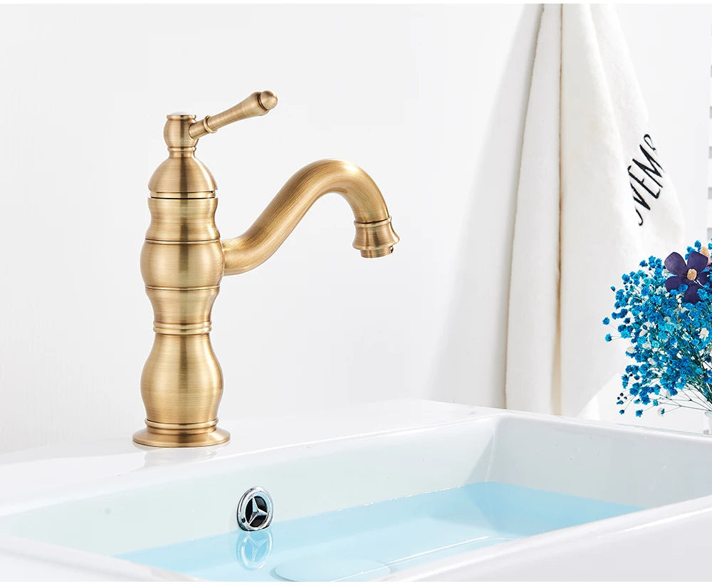 POIQIHY Antique Brass Basin Vessel Sink Faucet Deck Mounted One Hole Cold Hot Water Cold Hot Mixer Tap Bathroom Faucet 1 Hole