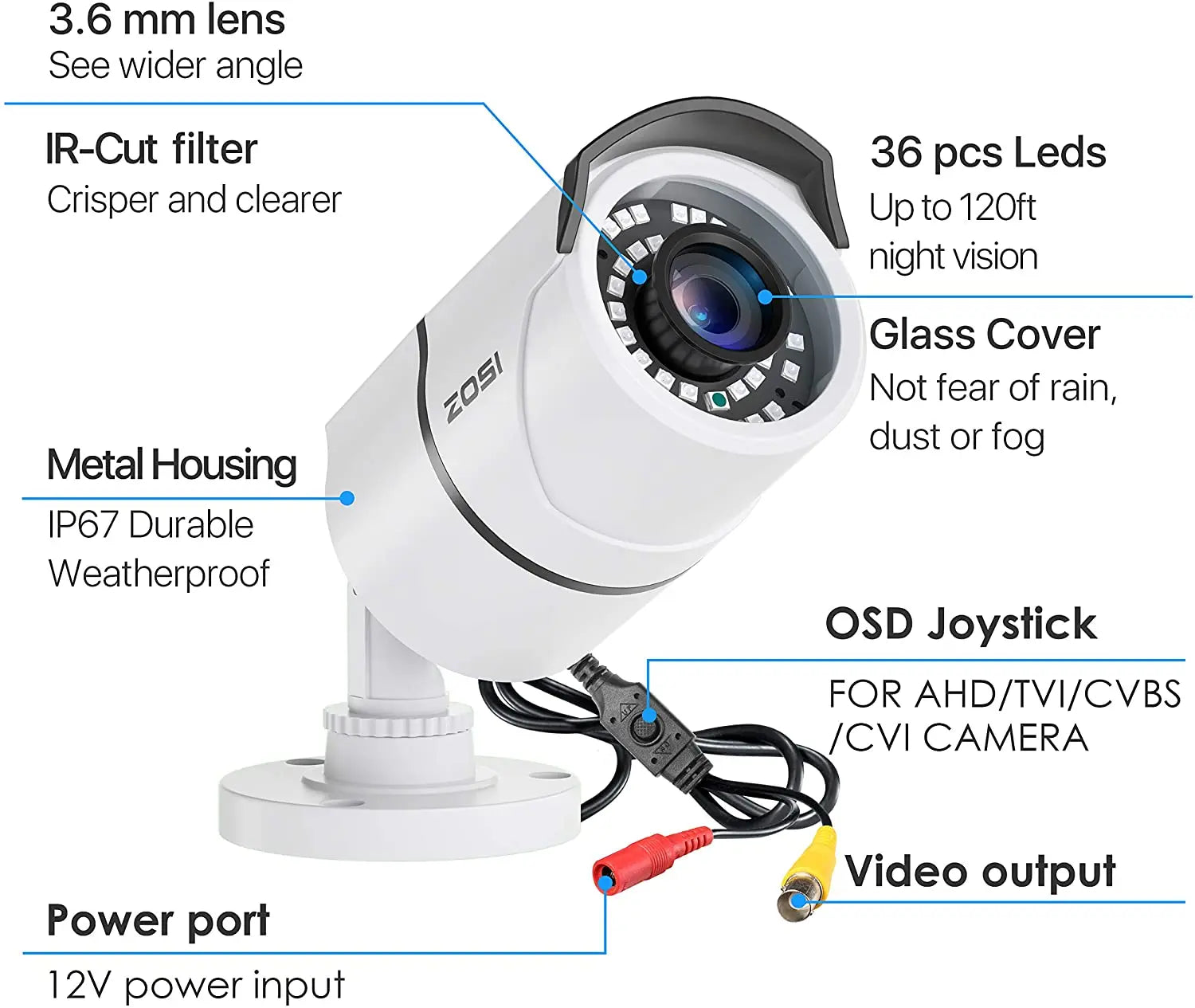 ZOSI 1080P 2MP Wired Bullet CCTV Camera with 120ft Night Vision