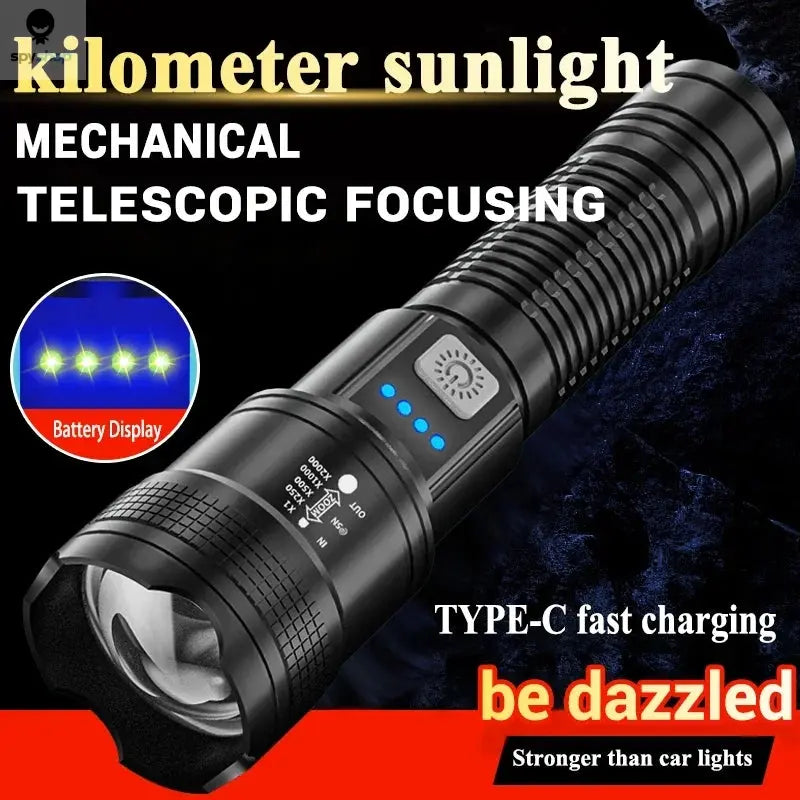 High Strong Power Led Flashlights 2000LM Tactical Torch with Display Light USB Charging Camping Fishing Emergency Zoom Lantern Spy-shop.com