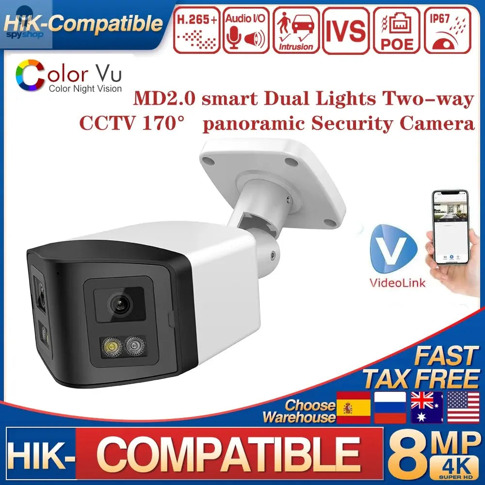 Hikvision Compatible 4K 8MP 170° Panoramic IP Camera IR&ColorVu 2-way Audio Human Detection SD Card Slot Plug&Play HIK NVR APP Spy-shop.com