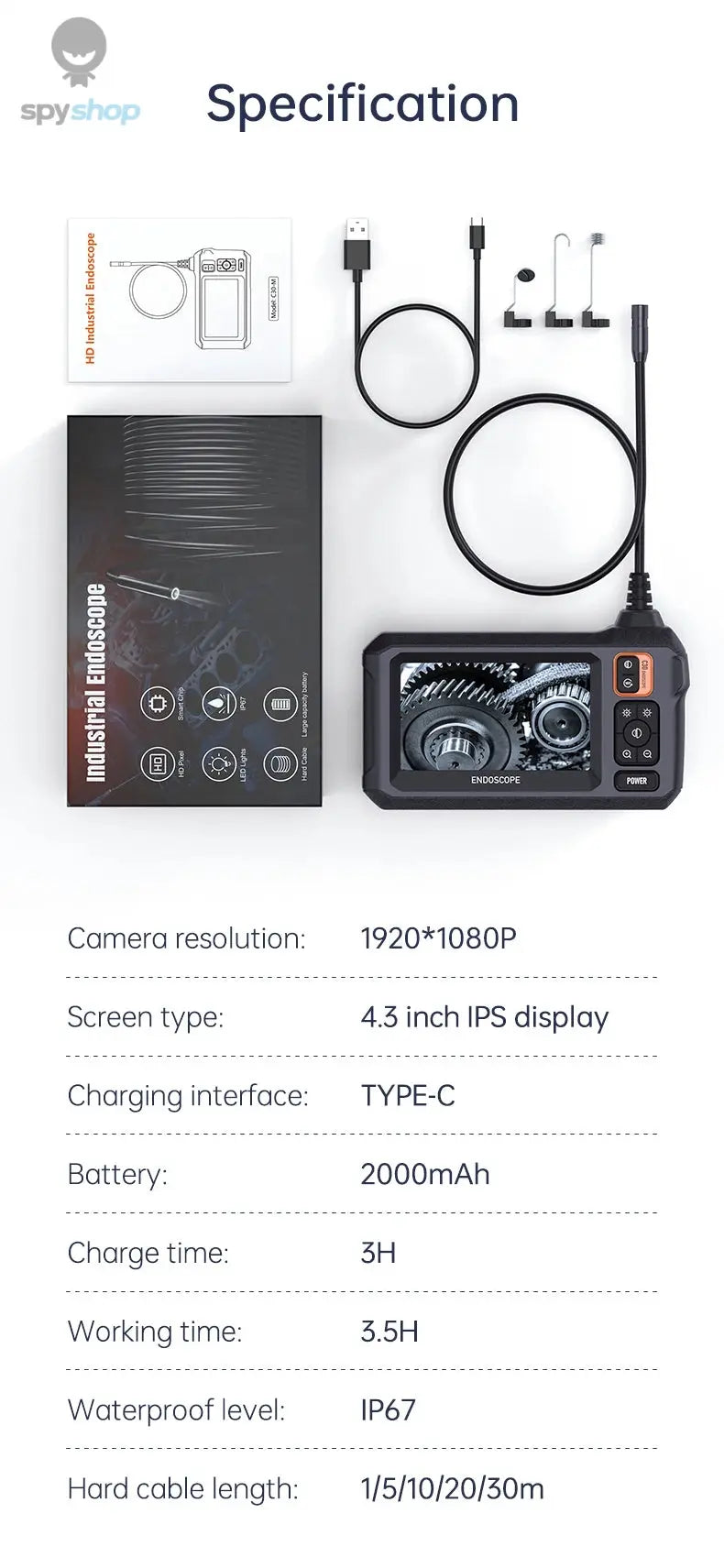 Industrial Endoscope Camera 8mm HD1080P 4.3inch IPS Screen 1080P Pipe Inspection Camera for Car Repair IP67 Waterproof 8 LEDS Spy-shop.com
