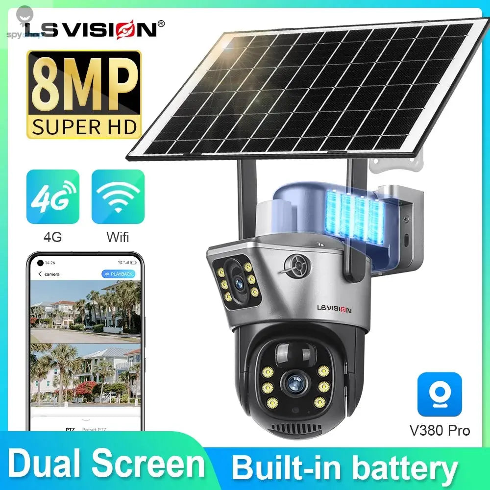 LS VISION Solar Camera 4G Sim Outdoor Dual Lens WiFi 8MP 4K IP Camara Solar Panel CCTV Security Built in Battery PIR Cam V380 Spy-shop.com
