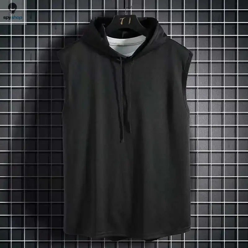Men Tie Collar Hooded Sleeveless Vests Male Summer Loose Solid Hip Hop Tee Shirt Tops