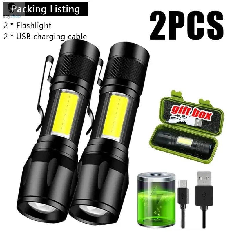 Mini LED Flashlight COB+XPE Portable Torch USB Charging Camping Lantern Zoomable Focus Light Tactical Flashlight with Pen Clip Spy-shop.com