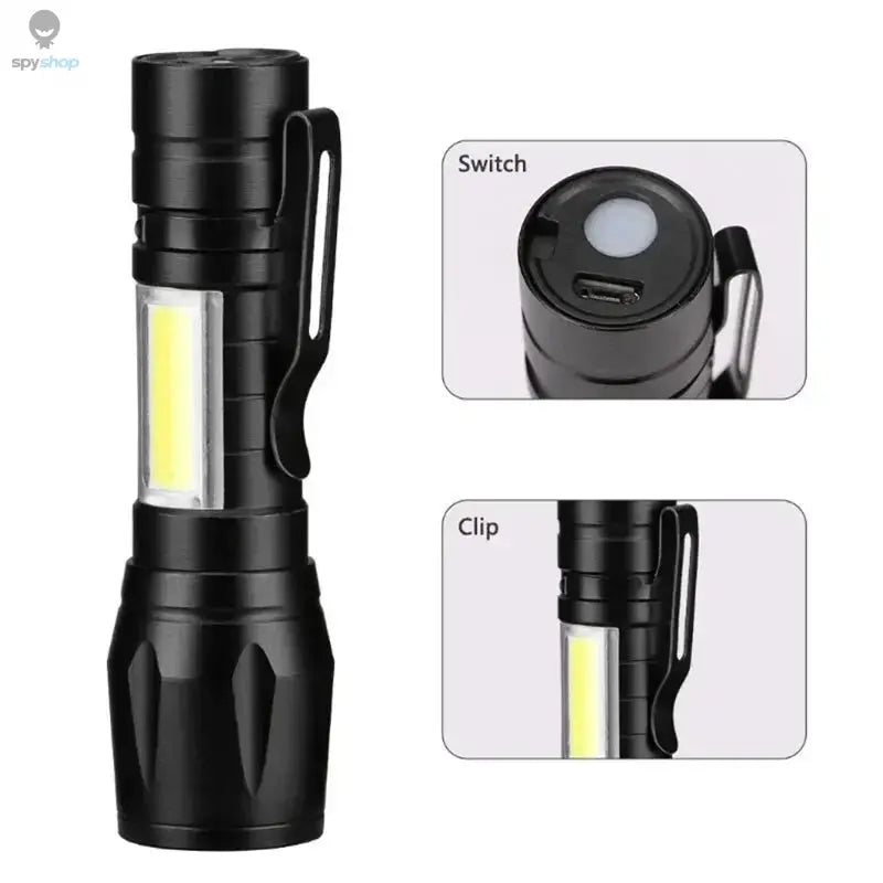 Mini LED Flashlight COB+XPE Portable Torch USB Charging Camping Lantern Zoomable Focus Light Tactical Flashlight with Pen Clip Spy-shop.com