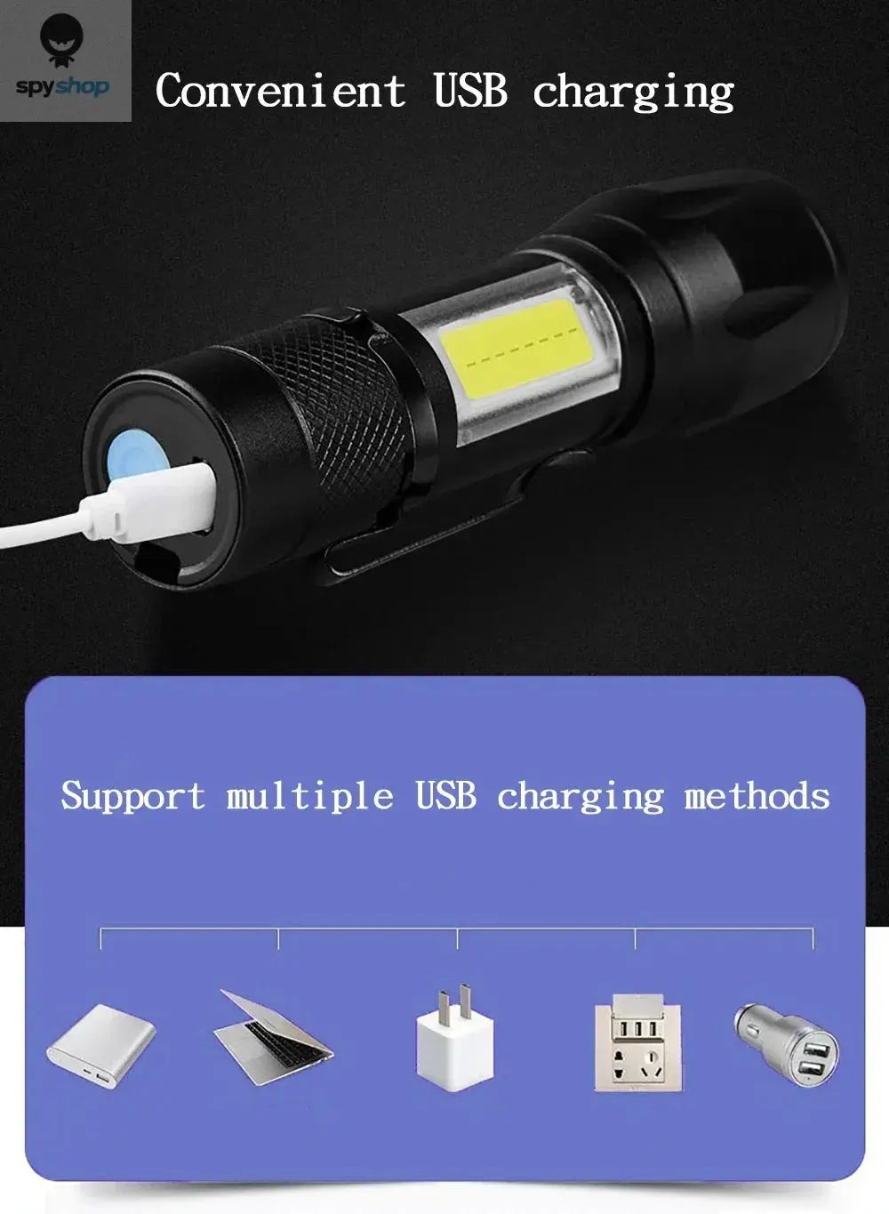 Mini LED Flashlight COB+XPE Portable Torch USB Charging Camping Lantern Zoomable Focus Light Tactical Flashlight with Pen Clip Spy-shop.com