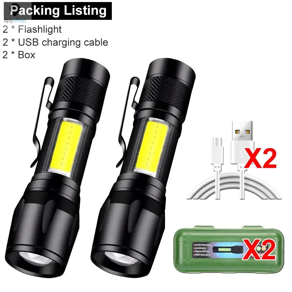 Mini LED Flashlight COB+XPE Portable Torch USB Charging Camping Lantern Zoomable Focus Light Tactical Flashlight with Pen Clip Spy-shop.com