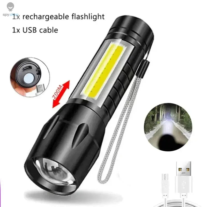 Mini LED Flashlight COB+XPE Portable Torch USB Charging Camping Lantern Zoomable Focus Light Tactical Flashlight with Pen Clip Spy-shop.com