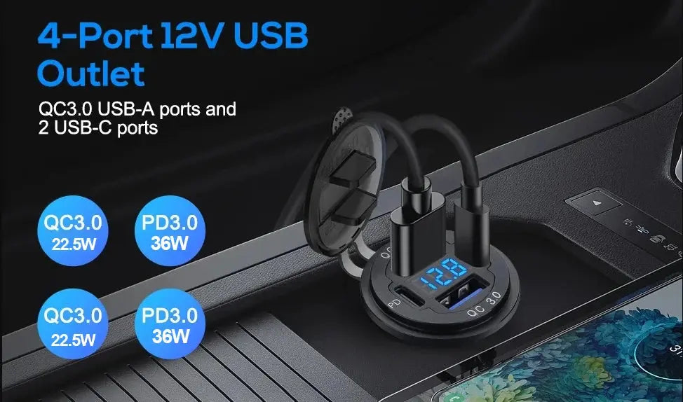 NEW 117W Dual PD Dual QC 3.0 USB Car Charger with Voltmeter Socket Power Outlet Adapter Waterproof for 12V/24V Car Boat Hot Sale