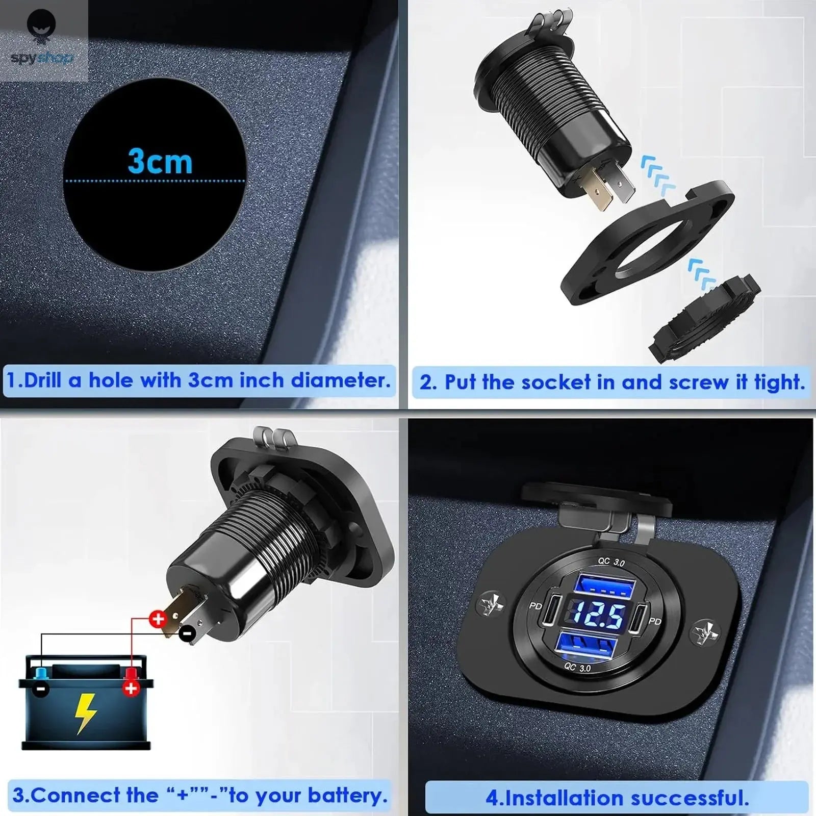 NEW 117W Dual PD Dual QC 3.0 USB Car Charger with Voltmeter Socket Power Outlet Adapter Waterproof for 12V/24V Car Boat Hot Sale