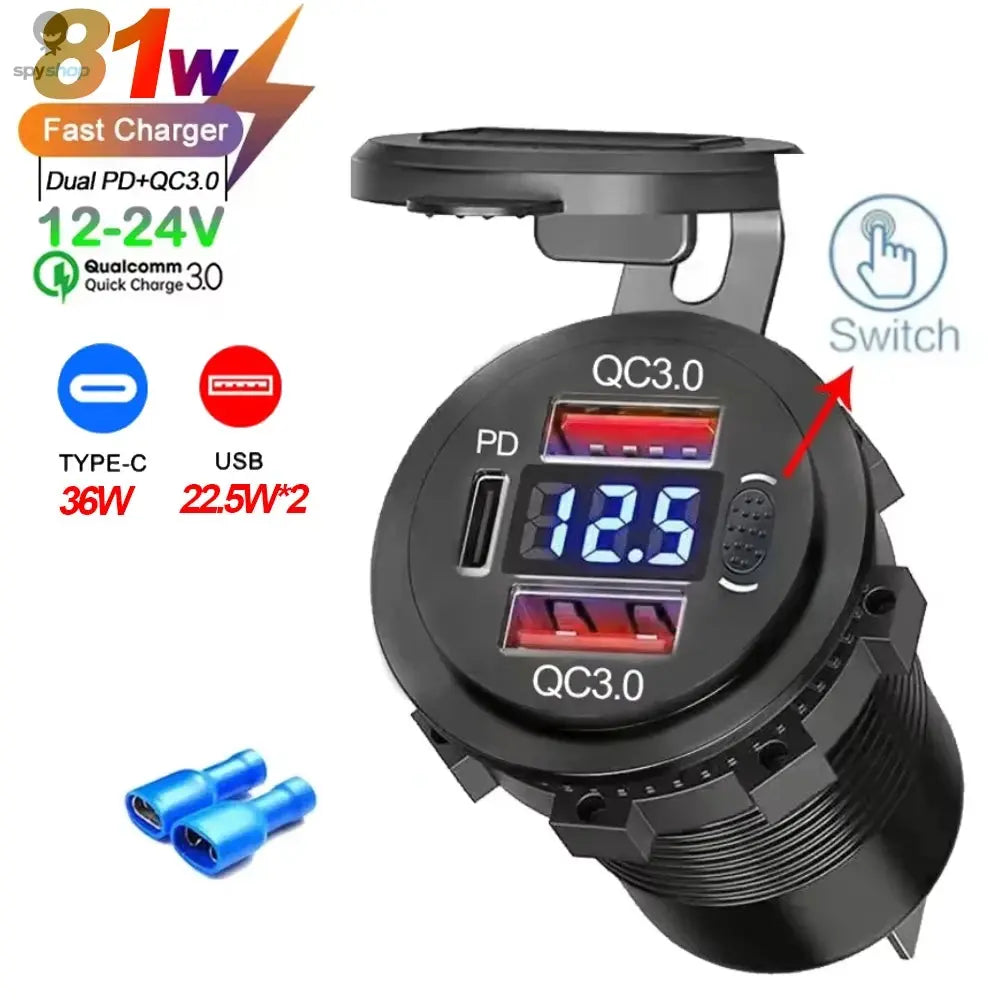 NEW 117W Dual PD Dual QC 3.0 USB Car Charger with Voltmeter Socket Power Outlet Adapter Waterproof for 12V/24V Car Boat Hot Sale