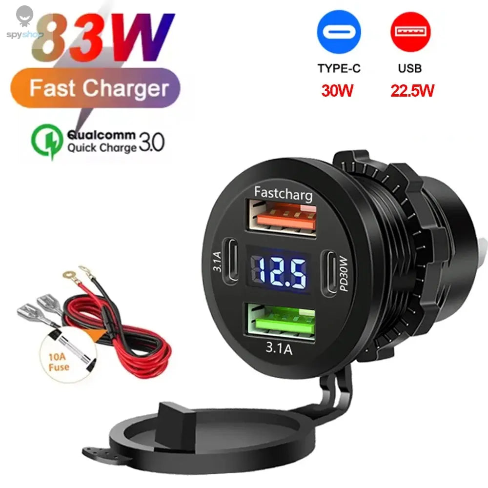NEW 117W Dual PD Dual QC 3.0 USB Car Charger with Voltmeter Socket Power Outlet Adapter Waterproof for 12V/24V Car Boat Hot Sale