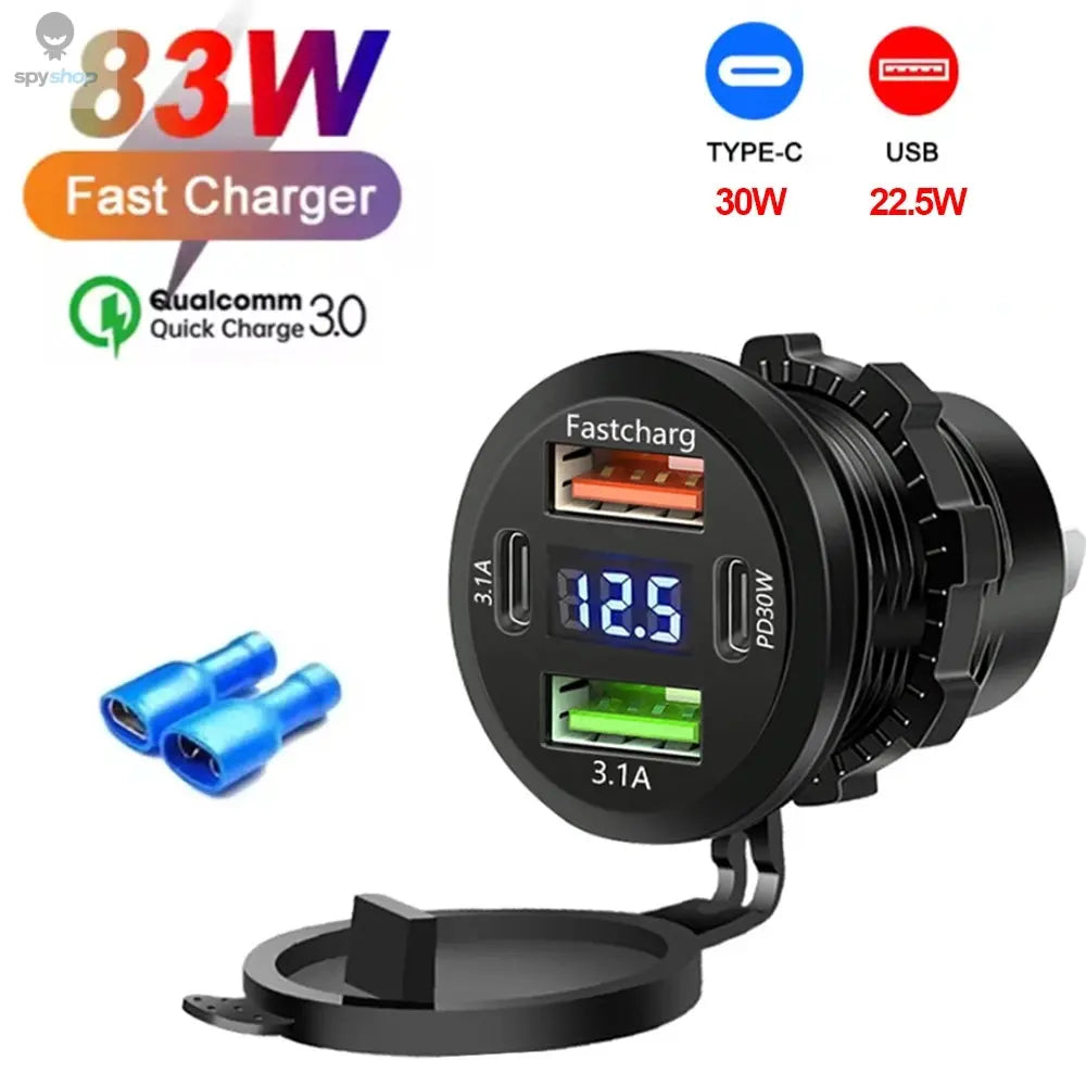 NEW 117W Dual PD Dual QC 3.0 USB Car Charger with Voltmeter Socket Power Outlet Adapter Waterproof for 12V/24V Car Boat Hot Sale