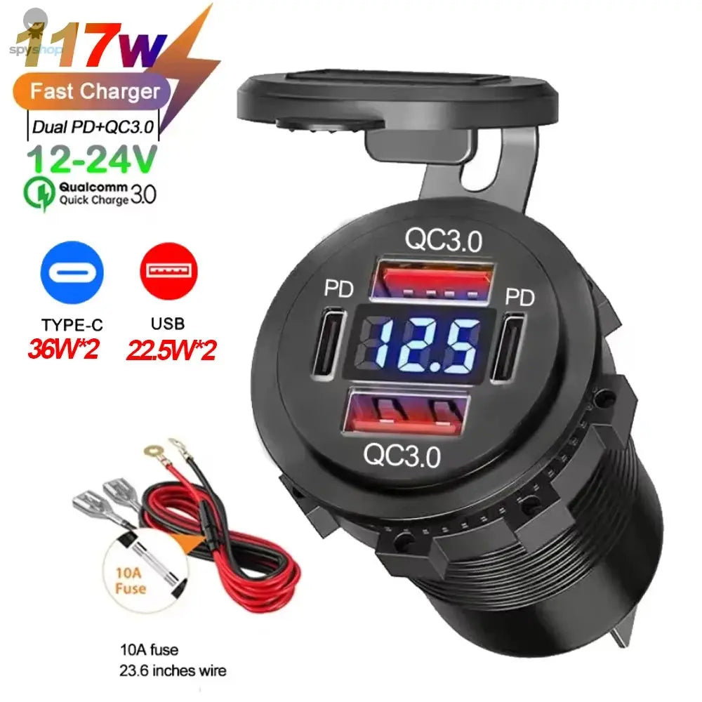 NEW 117W Dual PD Dual QC 3.0 USB Car Charger with Voltmeter Socket Power Outlet Adapter Waterproof for 12V/24V Car Boat Hot Sale